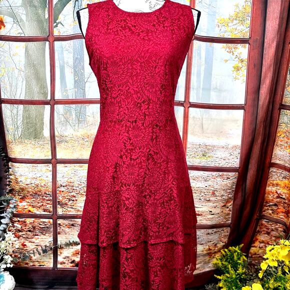 Michael Kors Red Lace Tiered Hem Dress Red  L - Picture 1 of 14